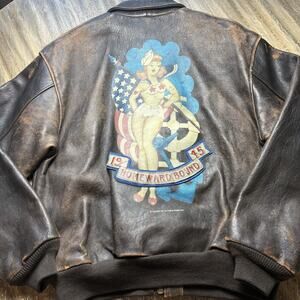AVIREX A-2 Flight Brown Distressed Leather Homeward Bound Jacket Pin Up Large